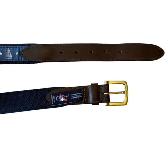 Vineyard Vines America’s Cup Navy Sailboats Canvas Club Belt Brown Leather SZ 44 - Picture 7 of 8